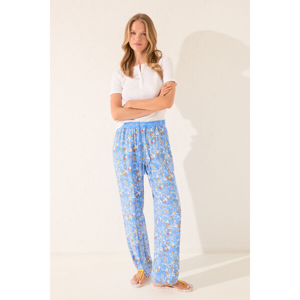 womensecret Dlhé modré kvetinové nohavice z viskózy 65459400