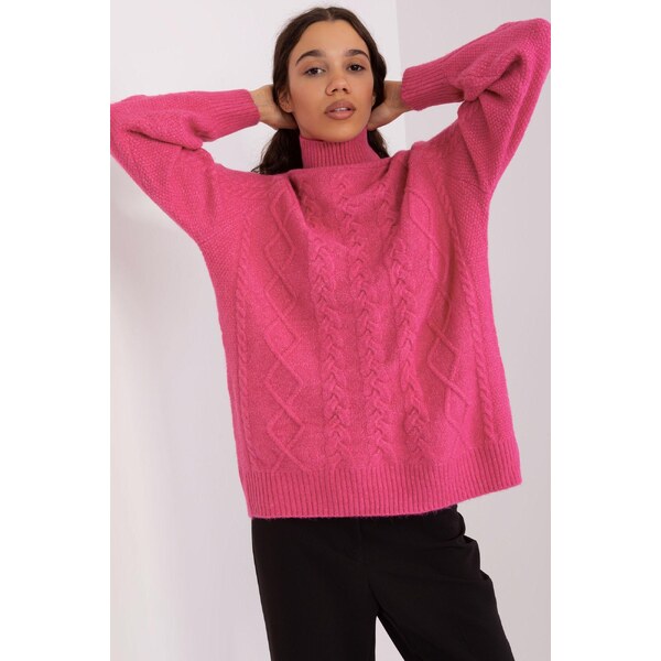 MladaModa Rolákový sveter s vrkočovým vzorom model 55212 tmavý ružový 65626540