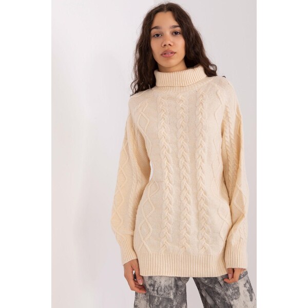 MladaModa Rolákový sveter s vrkočovým vzorom model 55212 farba ecru 65626547