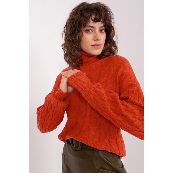 MladaModa Rolákový sveter s vrkočovým vzorom model 34807 oranžový 65626570