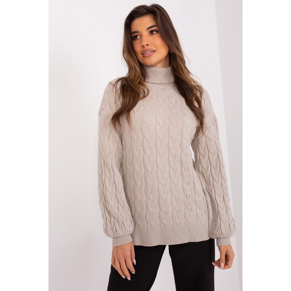 MladaModa Rolákový sveter s vrkočovým vzorom model 34807 béžový 65626576