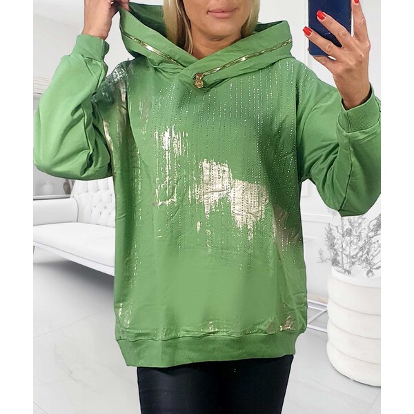 Mikina s kapucňou a kovovými kamienkami zelená 65480821