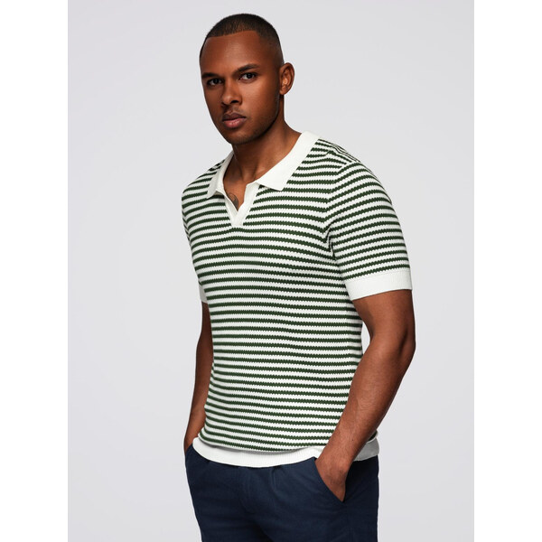 Ombre Mens knitted buttonless polo shirt with navy stripes - white and 64794240