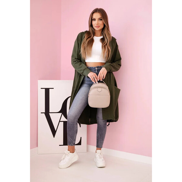 Kesi Khaki dámsky asymetrický kardigán s potlačou na chrbte 65534789