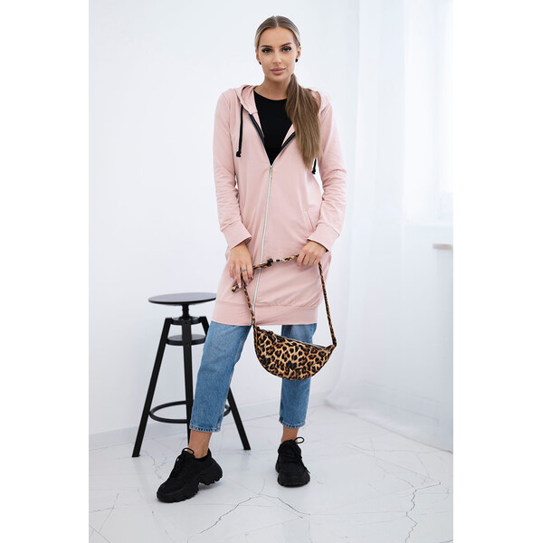 Kesi Púdrovo ružová dámska pohodlná dlhá mikina na zips s kapucňou 65534797