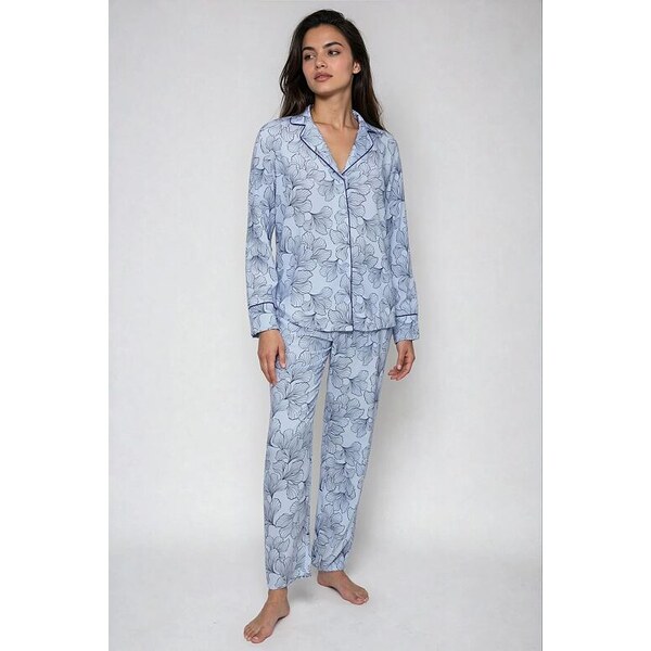 Triumph Klasické dámske pyžamo Boyfriend Fit modré s listami 64600235
