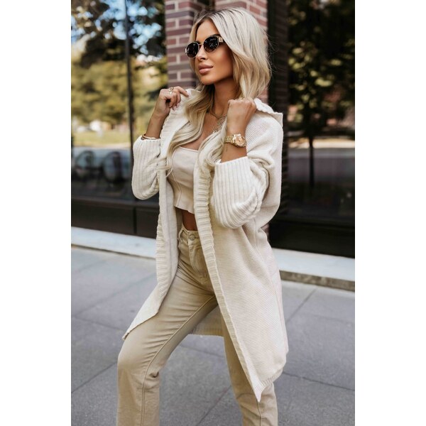 NUMOCO Smotanový dámsky oversized kardigan s kapucňou a štýlovou 65558209