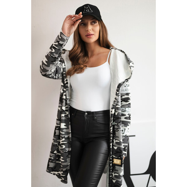 Kesi Sivý dámsky maskáčový kardigán s nápismi a kapucňou 65558222