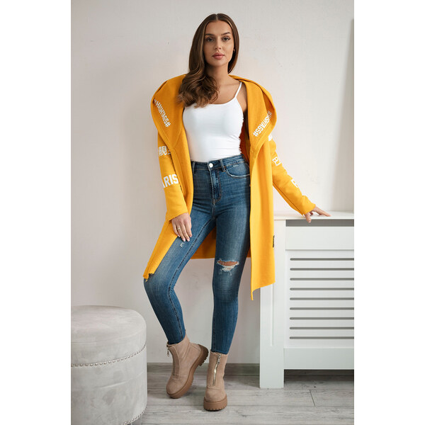 Kesi Horčicový dámsky kardigán s nápismi a kapucňou 65558224
