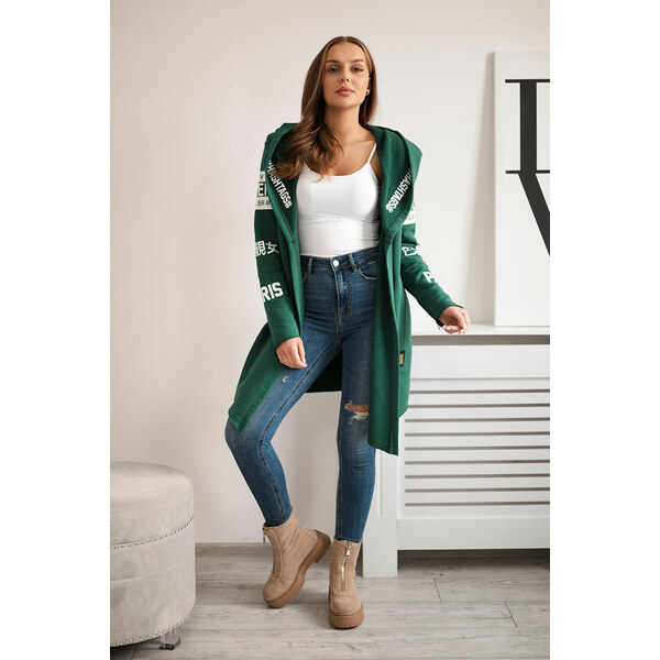 Kesi Smaragdový dámsky kardigán s nápismi a kapucňou 65558223