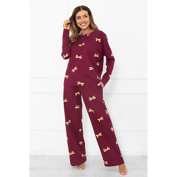 Italian Fashion Dámske pyžamo Kwadro dlhé bordové s mašľami 65596594