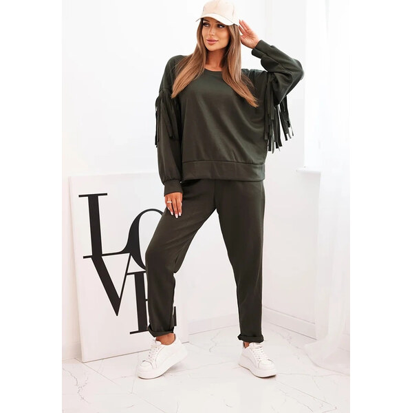 Kesi Khaki dámska viskózová tepláková súprava so strapcami na rukávoch 65607020