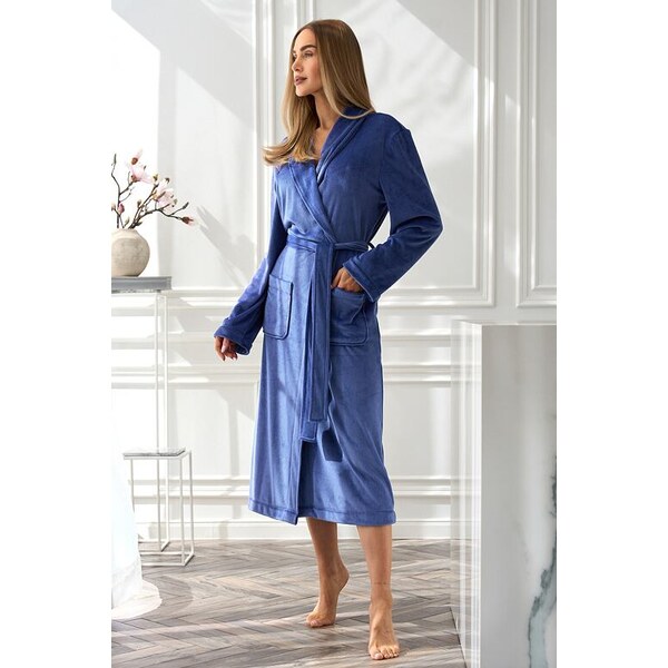 L&L Dlhý dámsky župan Aura modrý bez kapucne 65609321