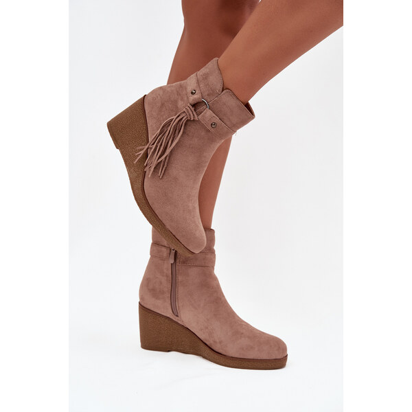 Boto Zateplené dámske členkové topánky s platformou a strapcami béžové 65927763