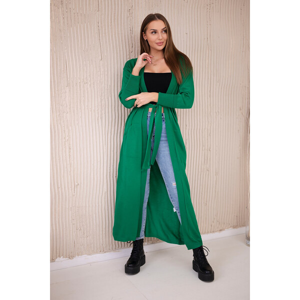 Kesi Zelený dlhý dámsky kardigán so zaväzovaním v páse 65618583