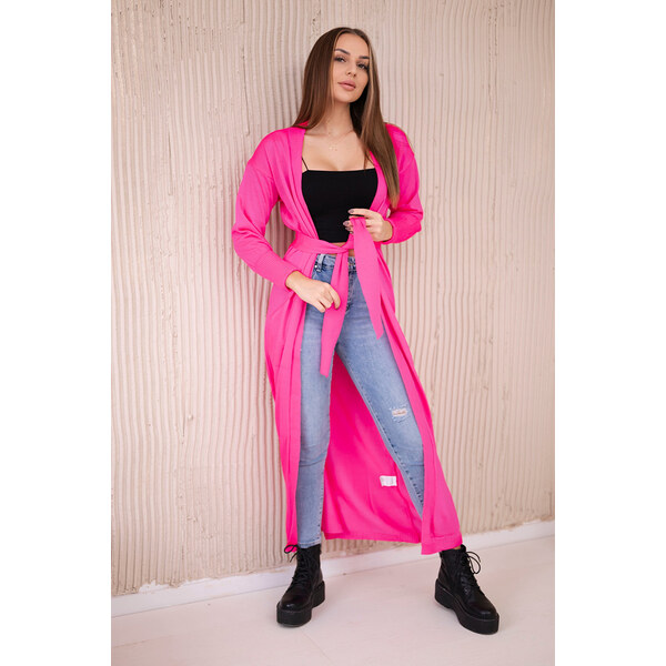 Kesi Neónovo ružový dlhý dámsky kardigán so zaväzovaním v páse 65618587