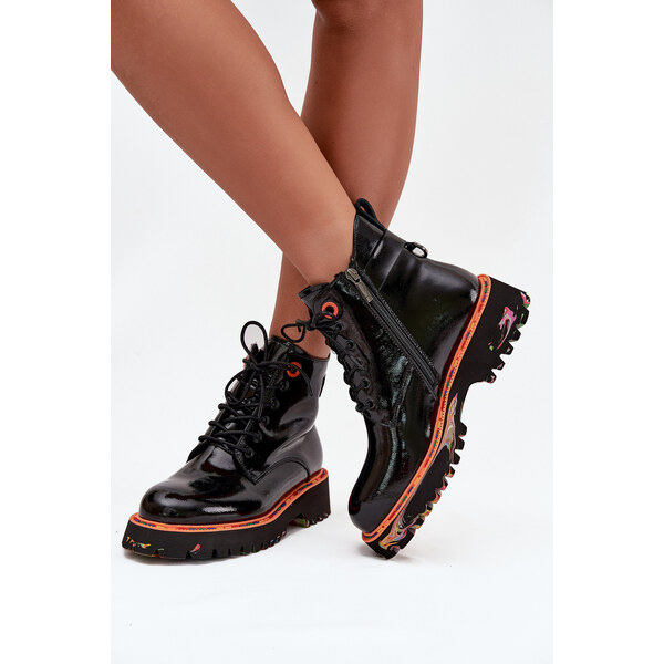 Dámske členkové topánky z lakovanej prírodnej kože so zateplením 65927770