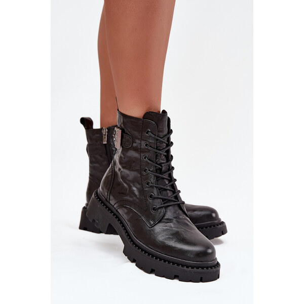 Kožené dámske členkové topánky s efektom mačkání a sponou Artiker 65927781