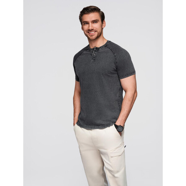 Ombre Mens T-shirt with wash effect and buttons at neckline - black 65623138