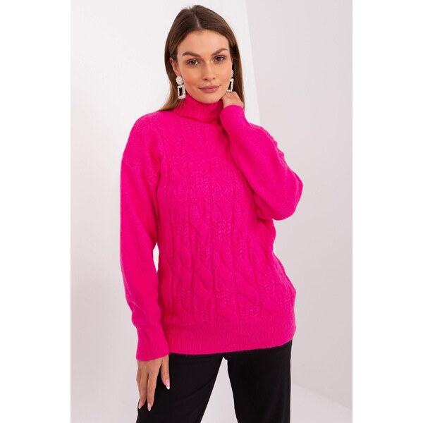 MladaModa Rolákový sveter s vrkočovým vzorom model 40197 fuksiový 65626413