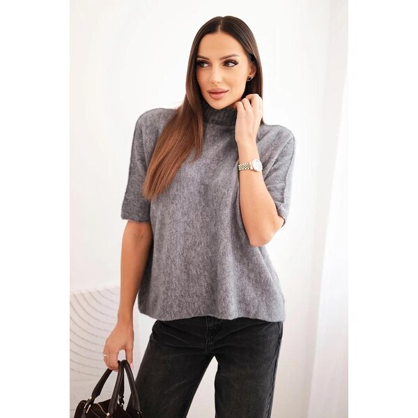 MladaModa Voľný rolákový sveter s krátkym rukávom model IT102 šedý 65626425