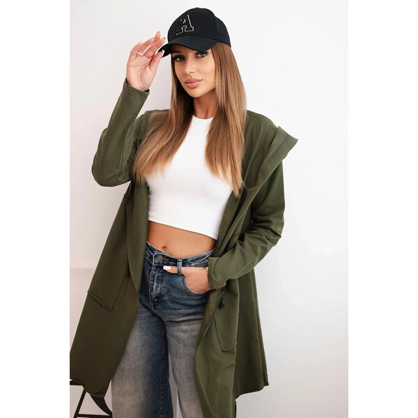 Kesi Khaki ležérny dámsky asymetrický kardigán s kapucňou a vreckami 65633682