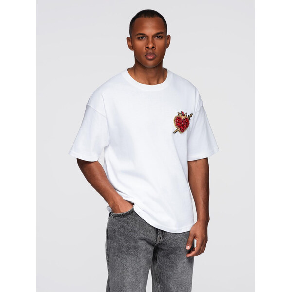 Ombre Mens cotton t-shirt with jewelry applique on chest - off white 65688455