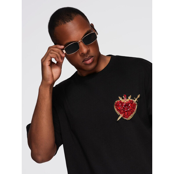 Ombre Mens cotton T-shirt with jewelry applique on chest - black 65685843