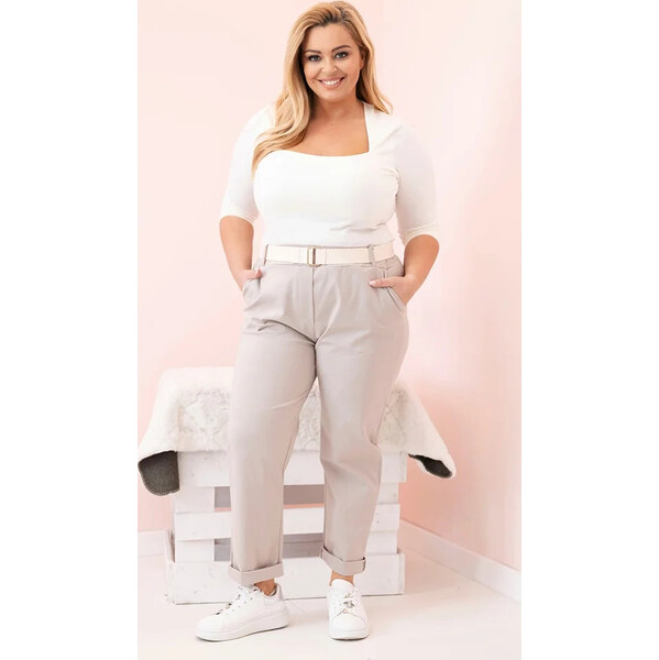 Kesi Béžové dámske bavlnené plus size nohavice s pásikom 65675077