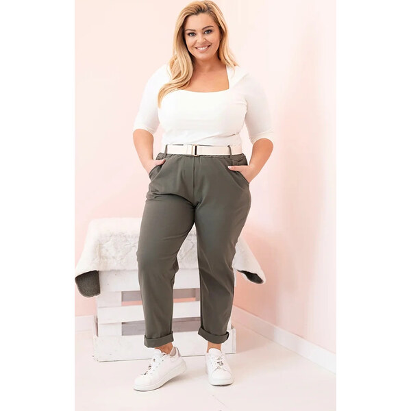 Kesi Khaki dámske bavlnené plus size nohavice s pásikom 66169634
