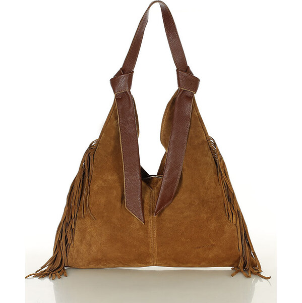 MARCO MAZZINI Hnedá semišová shopper kabelka so strapcami (s290a) 65691219