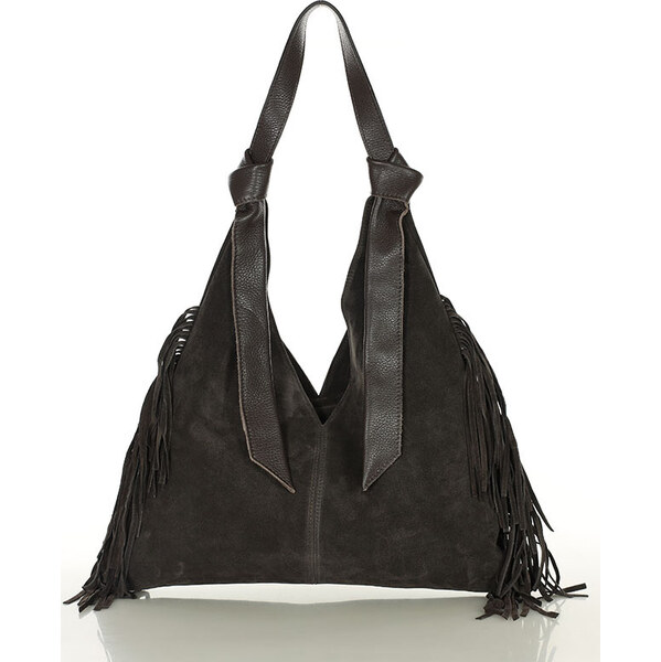 MARCO MAZZINI Tmavo hnedá semišová shopper kabelka so strapcami (s290c 65691220