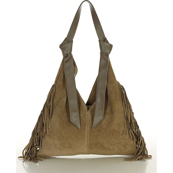 MARCO MAZZINI Béžová taupe semišová shopper kabelka so strapcami 65691221