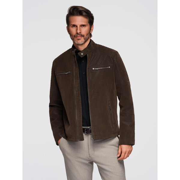 Ombre Mens retro biker jacket with stand-up collar - brown 57918659