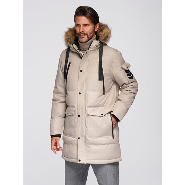 Ombre Mens long warm parka jacket with hood - beige 64782464