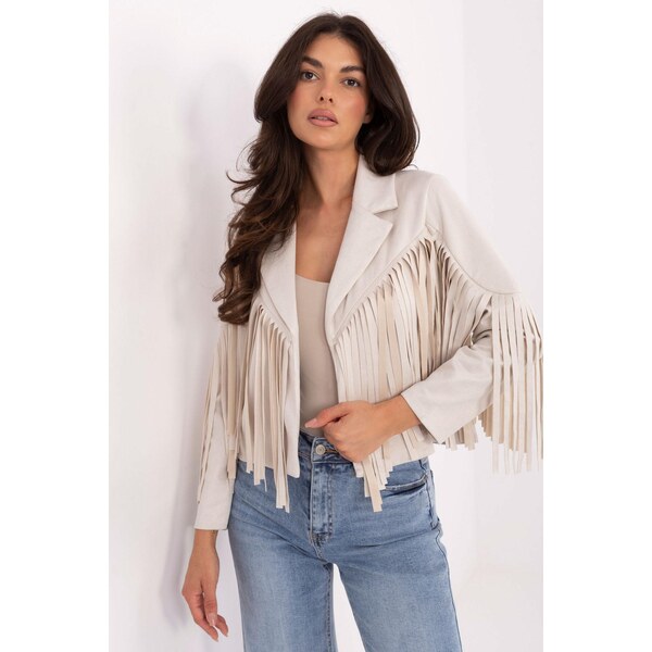 MladaModa Krátka bunda s dlhými strapcami model 89565 svetlá béžová 65764704