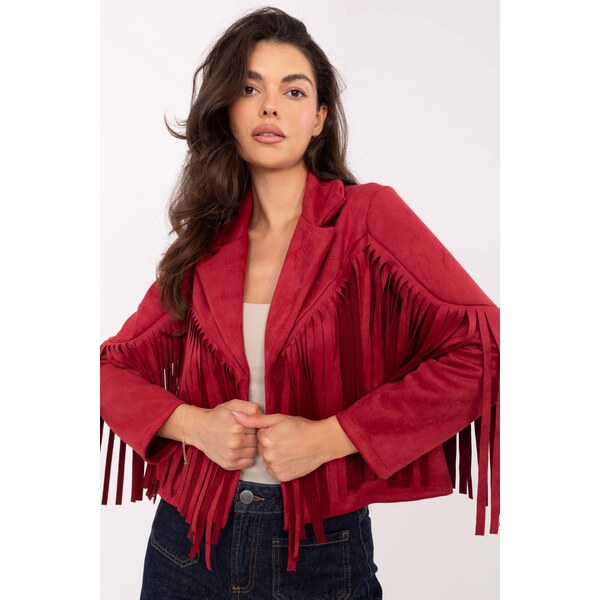 MladaModa Krátka bunda s dlhými strapcami model 89565 červená 65764705