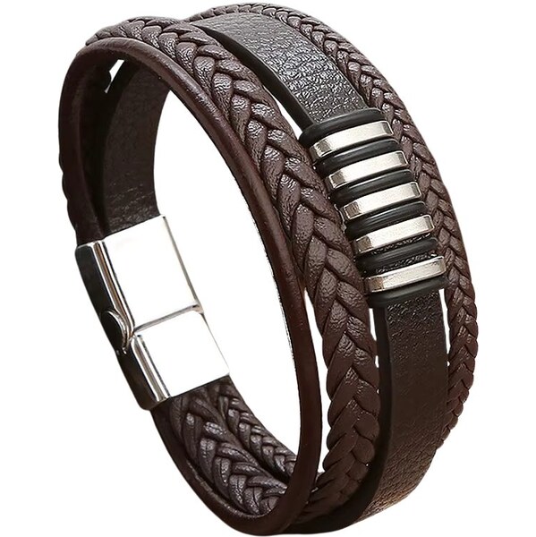 Pánsky hnedý kožený náramok s kovovými prvkami 65764965