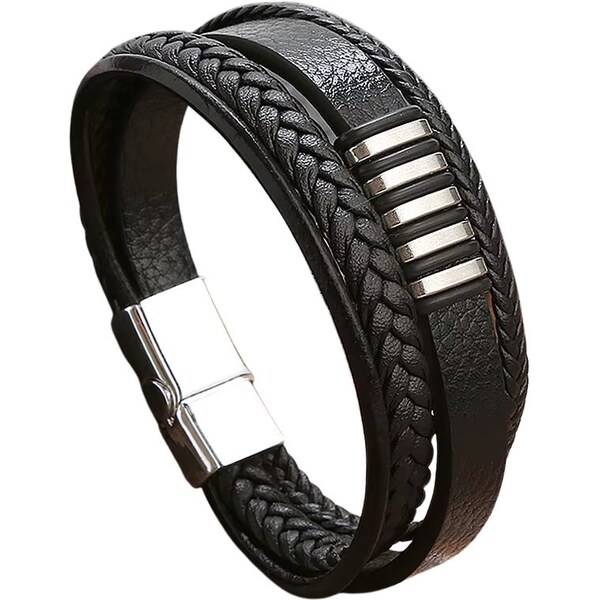 Pánsky čierny kožený náramok s kovovými prvkami 65764966