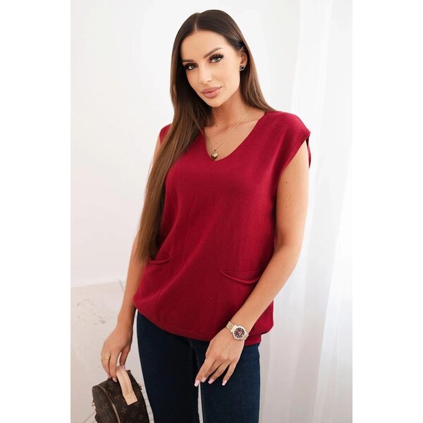 MladaModa Viskózový sveter bez rukávov s vreckami model R2013 bordový 65727685