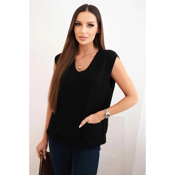 MladaModa Viskózový sveter bez rukávov s vreckami model R2013 čierny 65727689