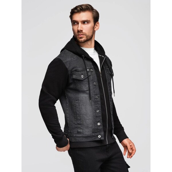 Ombre Clothing Čierna rifľová bunda s čiernymi pletenými rukávmi V3 65782780