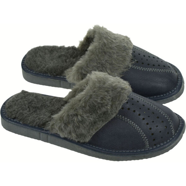JOHN-C Dámske tmavomodré kožené papuče s kožušinou ASIN 65799831