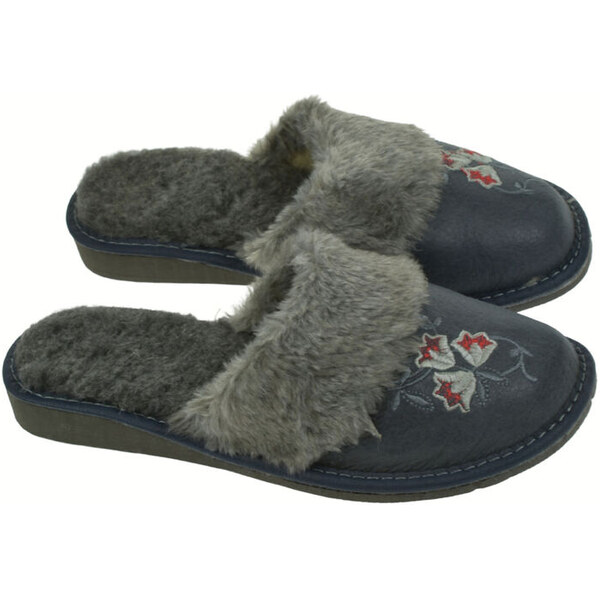 JOHN-C Dámske tmavomodré kožené papuče s výšivkou ELESSE 65799829