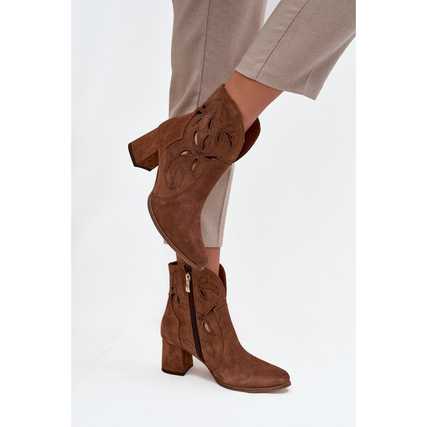 Semišové perforované dámske členkové topánky na podpätku Zazoo 3647 65927844