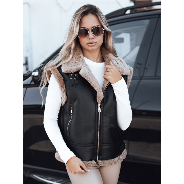 BASIC Čierna dámska koženková vesta s kožúškom TY5251 65808702