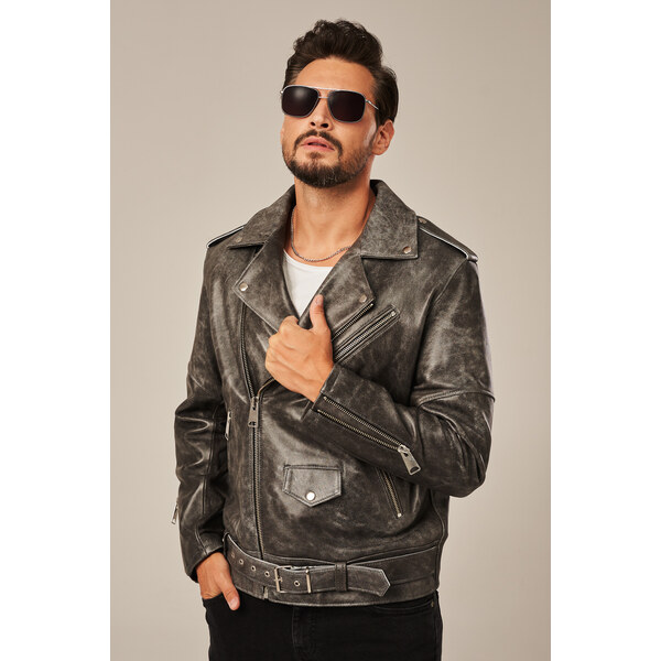 KONOPKA Panska kožená bunda na motorku sivá 62455416