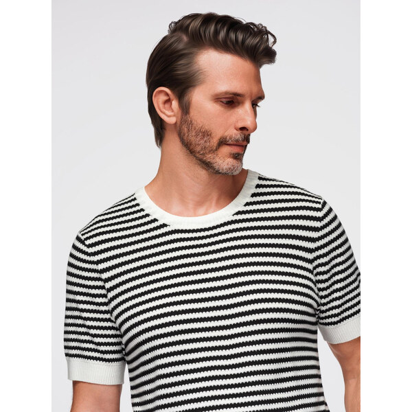 Ombre Mens knitted t-shirt with navy stripes and openwork weave - 64793579