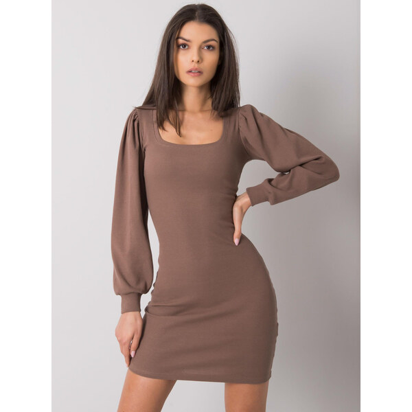 RUE PARIS Hnedé priliehavé mini šaty s riasenými rukávmi RV-SK-7280 57948416