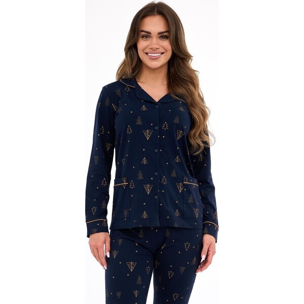 Cornette Tmavomodré dámske dlhé pyžamo so zlatou vianočnou potlačou 65832144